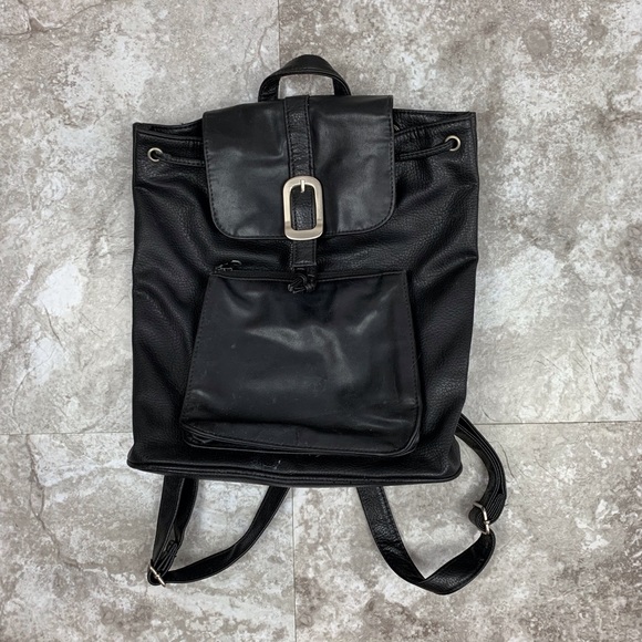Vintage Handbags - Retro Vintage 90s Black Faux Leather Backpack Bag